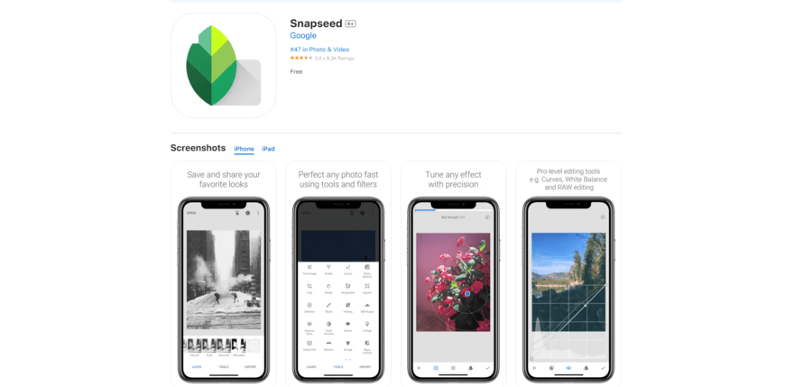 screenshot of Apple app store Snapseed download page