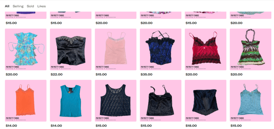 screenshot of depop sellers inventory of clothing items with a pink background