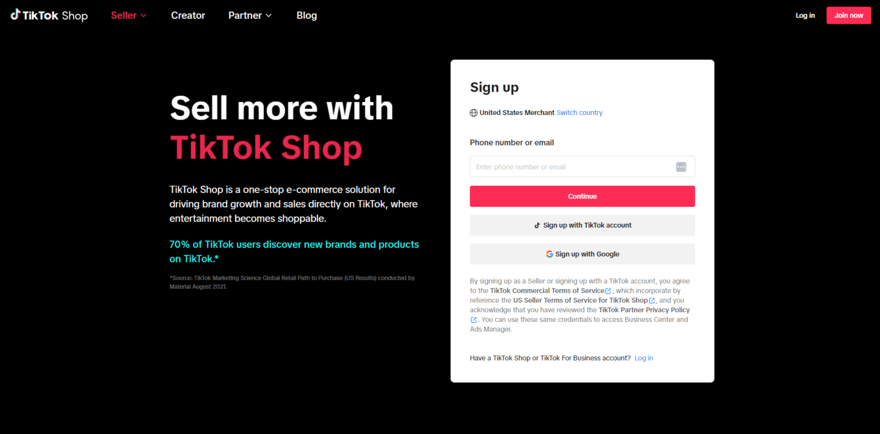 TikTok Shop account setup page