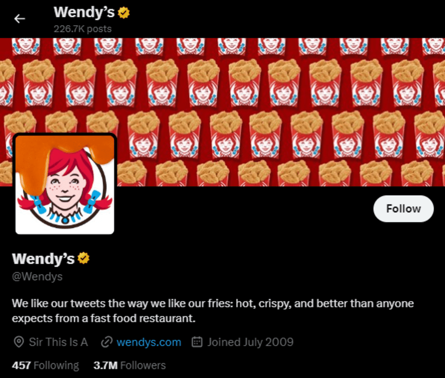 Screenshot of Wendy's X social media bio