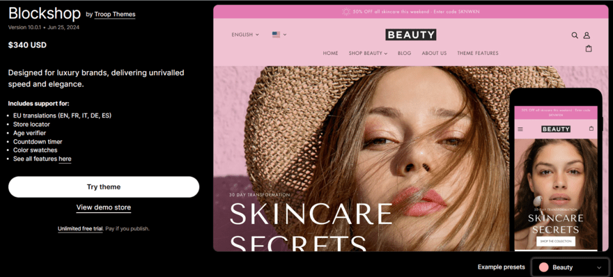Shopify premium template called "Blockshop" showing template details and the option to try it out