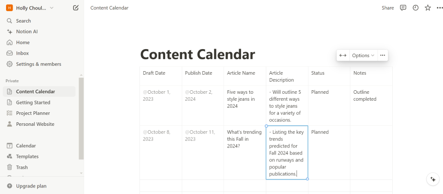 Screenshot of a Notion page showing planned article topics and publishing dates.