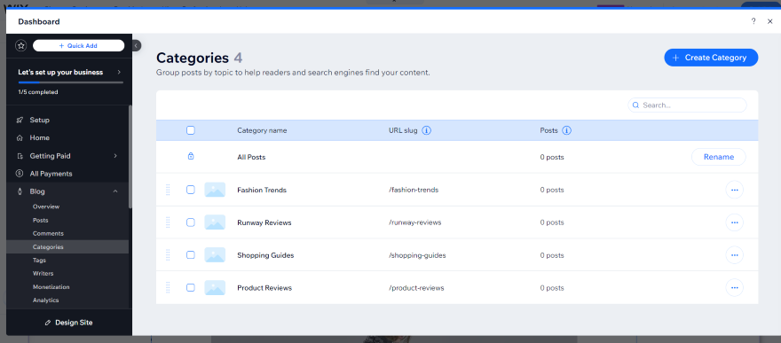 A screenshot depicting how to manage blog categories in the Wix dashboard interface, illustrating category setup and organization.