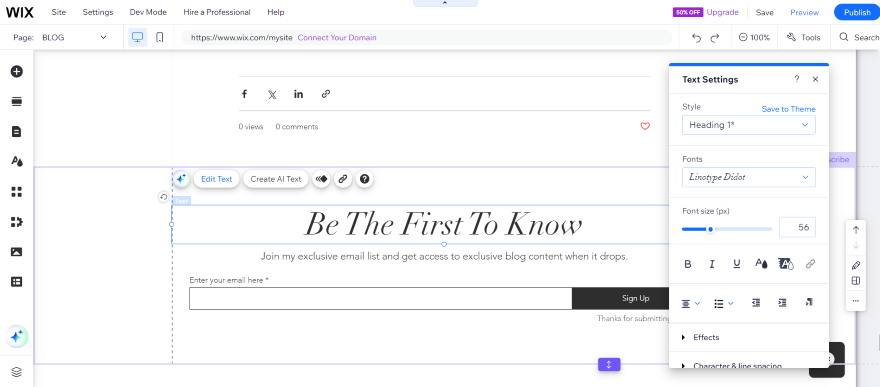 Screenshot of a Squarespace editor interface showing text editing options and web design tools.