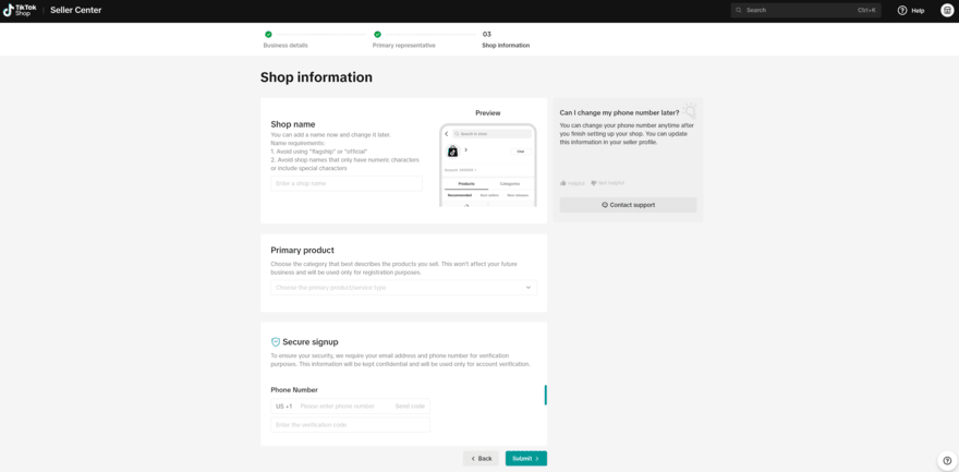 Screenshot from the TikTok Shop signup page