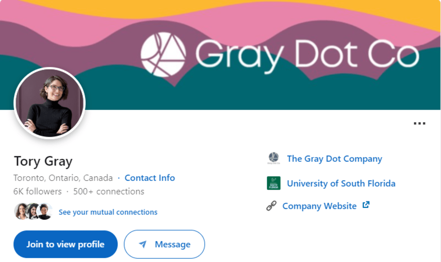 screenshot of Tory Gray's LinkedIn header and profile photo