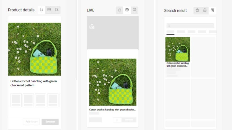 A green bag being uploaded on TikTok Shop with three differing previews