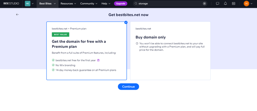 Screenshot of a Wix dashboard screen getting the user to upgrade to a premium plan and receive a free domain name