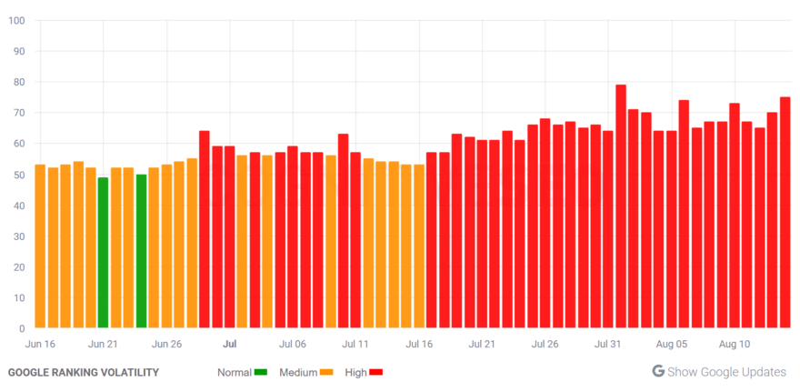 cognitiveSEO Google ranking volatility graph from June to August 2024