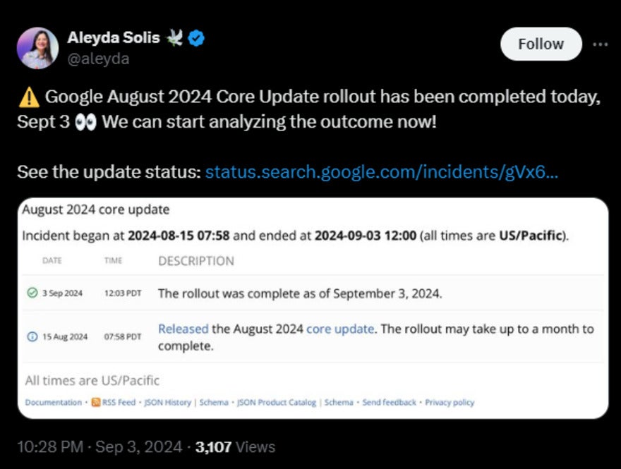 Tweet from Aleyda Solis announcing the Google update is complete