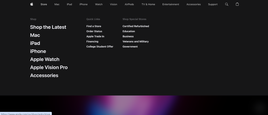 Screenshot of Apple Store's homepage with their black and white navigation bar on display