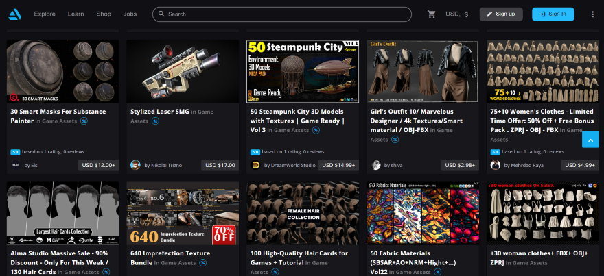 A screenshot of ArtStation's marketplace showing with ads of users selling game assets.