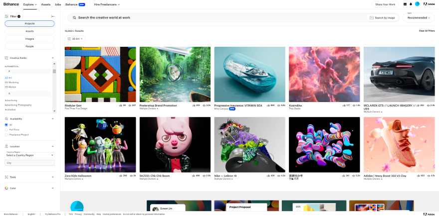 Screenshot of the Behance explore page showcasing art from various creators.