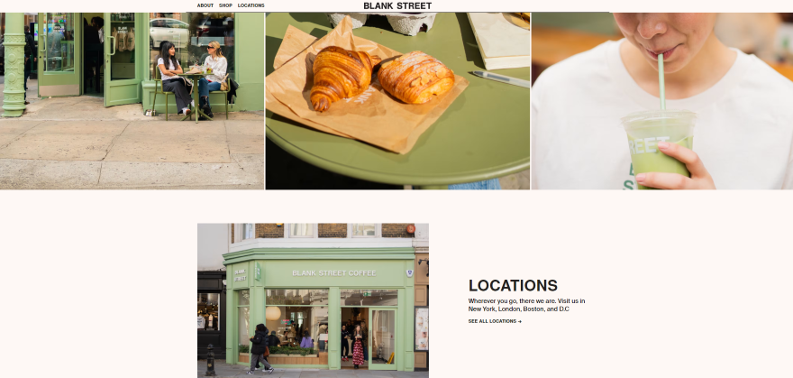 Screenshot of Blank Street Coffee's homepage with photos of their coffee, croissants, and stores