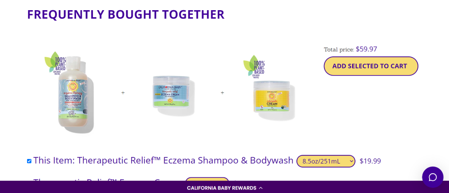 Screenshot of a "frequently bought together" section on a California Baby product page showcasing skincare products