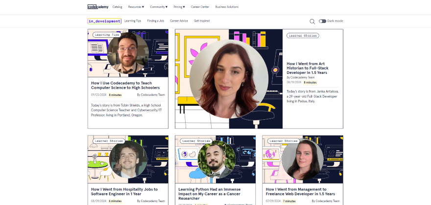 Screenshot of Code Academy's "in_development" page with photos and headlines of user's who've used the tool