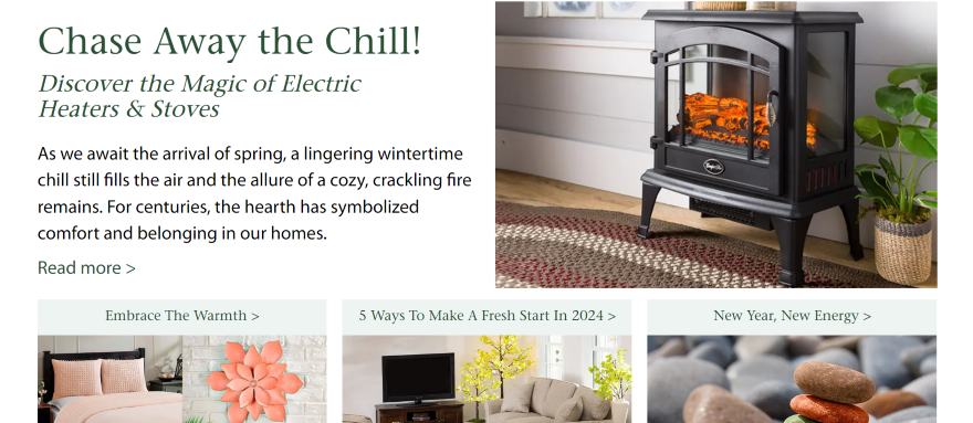 A blog website with various articles and a photo of an electric stove heater providing a warm ambiance in a cozy home setting.