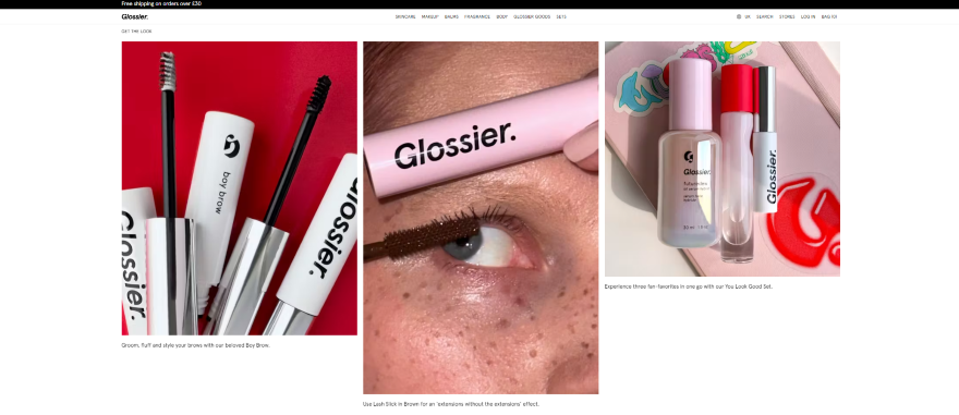 Screenshot of a section of Glossier's landing page showcasing photographic imagery of their products