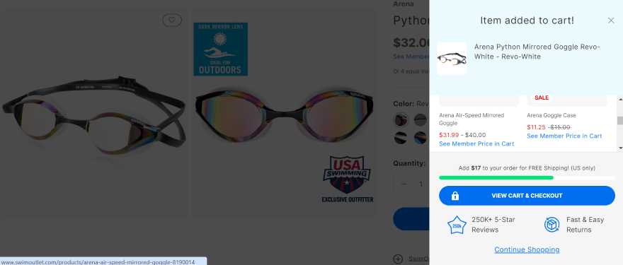 Screenshot of a cart screen on Swim Outlet that showcases related products.