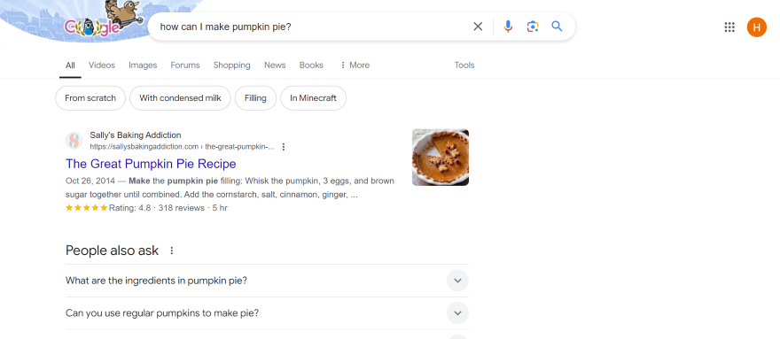 A Google search results page featuring recipe results for "how can I make pumpkin pie."