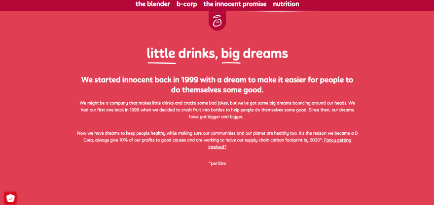 Screenshot of Innocent Smoothie's about page with a short description of their business