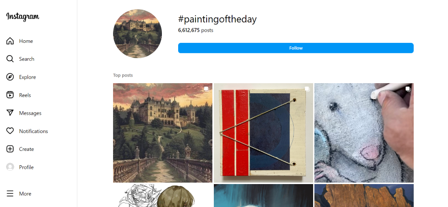 Screenshot of the Instagram hashtag "paintingoftheday" and the related posts that've tagged it