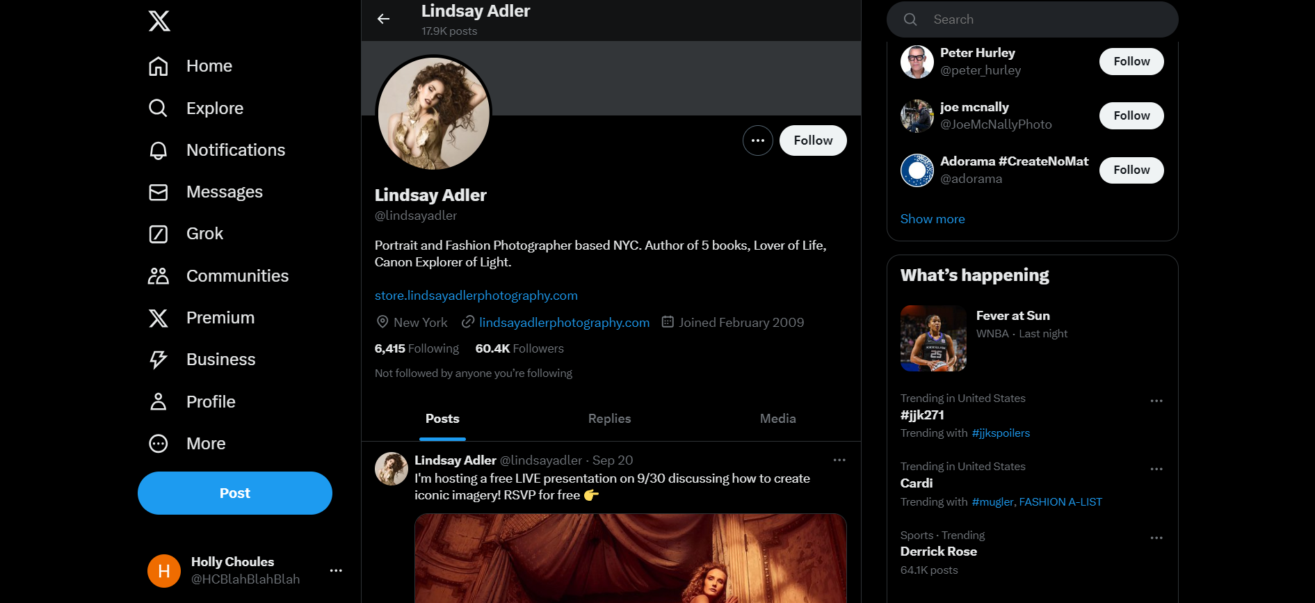 Screenshot of Lindsay Adler's X profile with her bio, profile photo, and posts