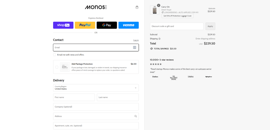 Monos' customized checkout