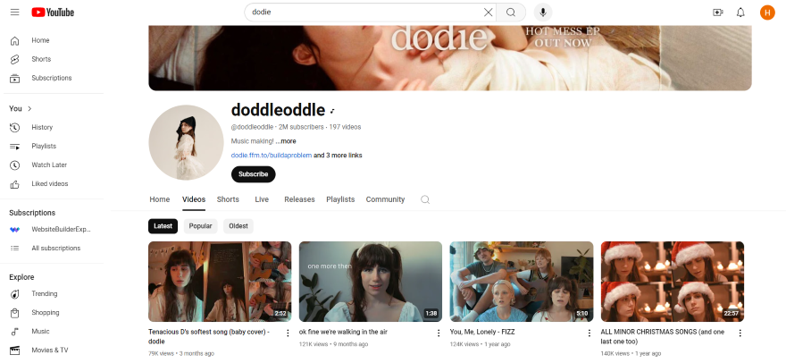 Screenshot of Doddleoddle's Youtube channel profile, featuring her header image and most recent videos.