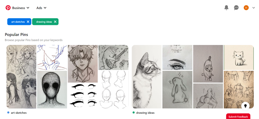 Screenshot of Pinterest's Trends tool showcasing popular pins for the keyword "drawing ideas."