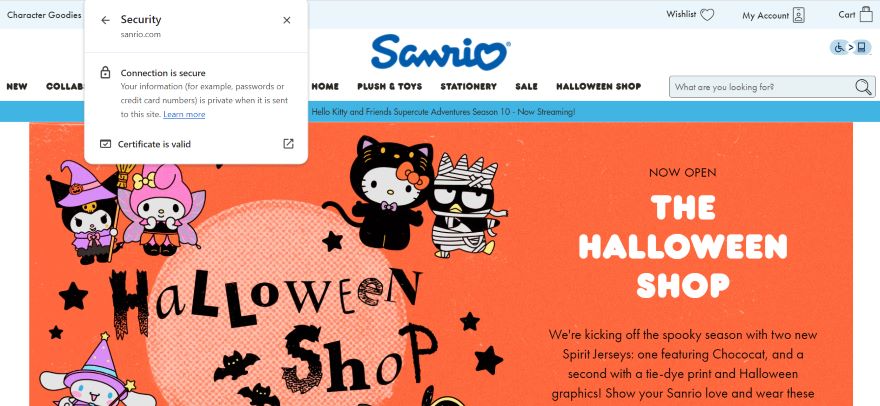 The Sanrio homepage, with a screen open showing a secure padlock sign next to the URL.