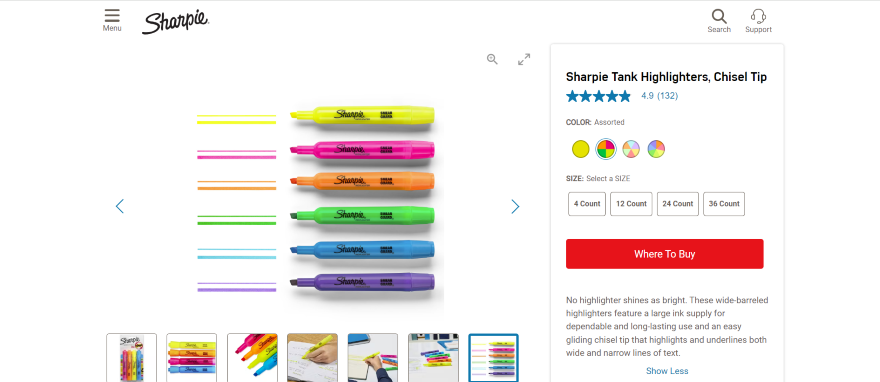 Screenshot of a product page for coloured Sharpies with various product photos