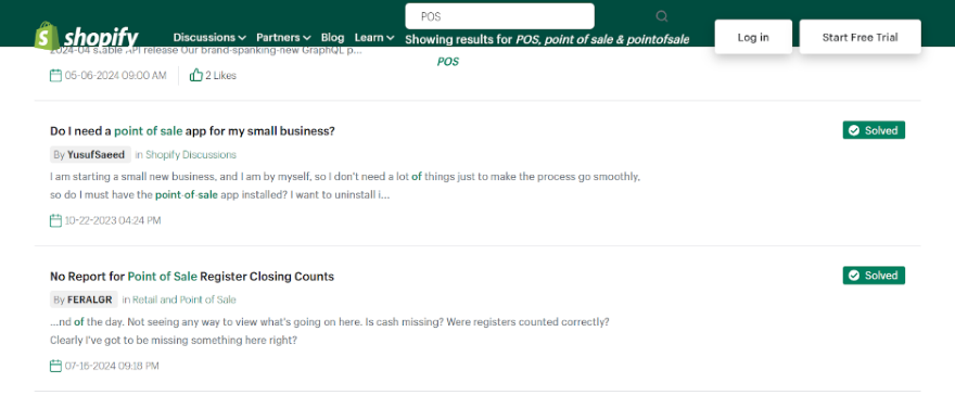 Screenshot of threads on the Shopify Community Forums concerning POS related topics