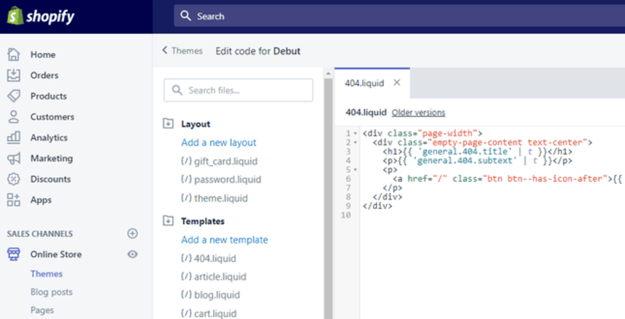 editing the Shopify liquid code within admin