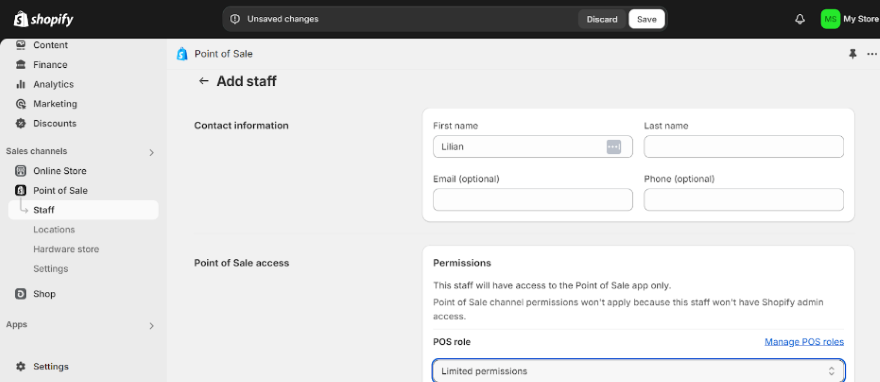 Screenshot of the Shopify POS dashboard where you can add staff to your system