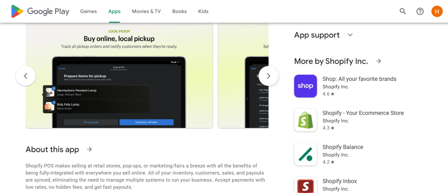 Screenshot of an app page from the Shopify App Store showcasing photos and info about Shopify's POS app