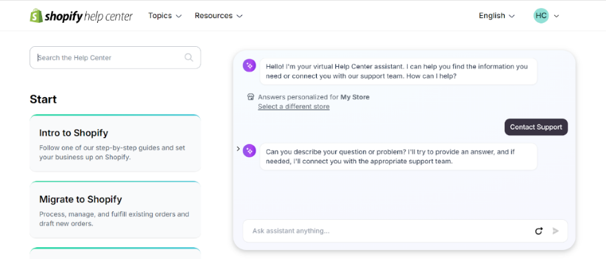 Screenshot of Shopify's support page demonstrating a conversation with the live chat bot