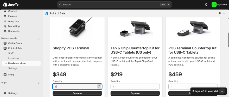 Screenshot of the Shopify POS dashboard with images and listed features of the POS hardware available to purchase.