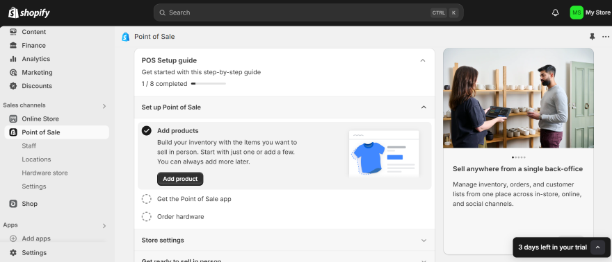 Screenshot of the POS section of a Shopify dashboard with a step by step setup guide.