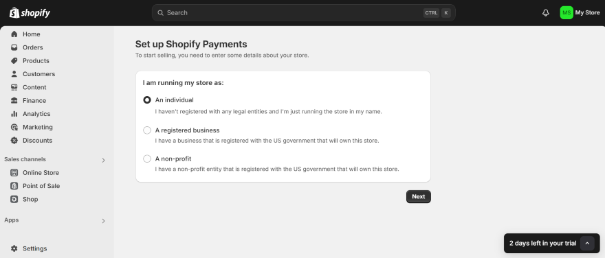 Screenshot of the Shopify dashboard helping you set up Shopify Payments for your store.