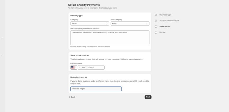 Shopify Payments business details form