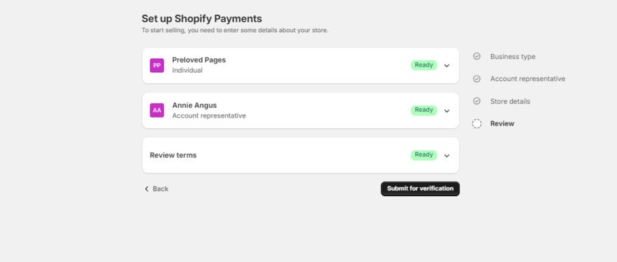 Shopify payments set up review page