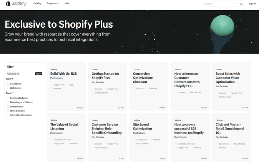 Shopify Academy site showing 10 courses exclusive to Shopify Plus