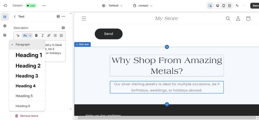 Screenshot of Shopify's website editor, with a homepage and text box that states "why shop from amazing metals?"