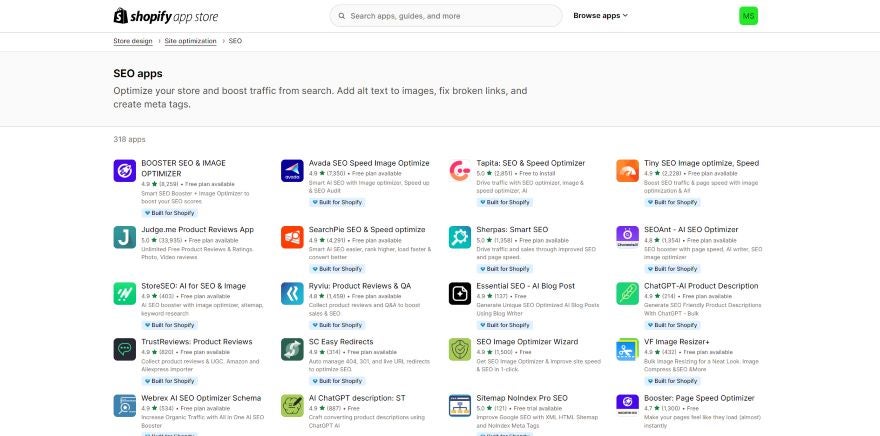 Screenshot of the Shopify App Store and a list of apps with a short description and icon