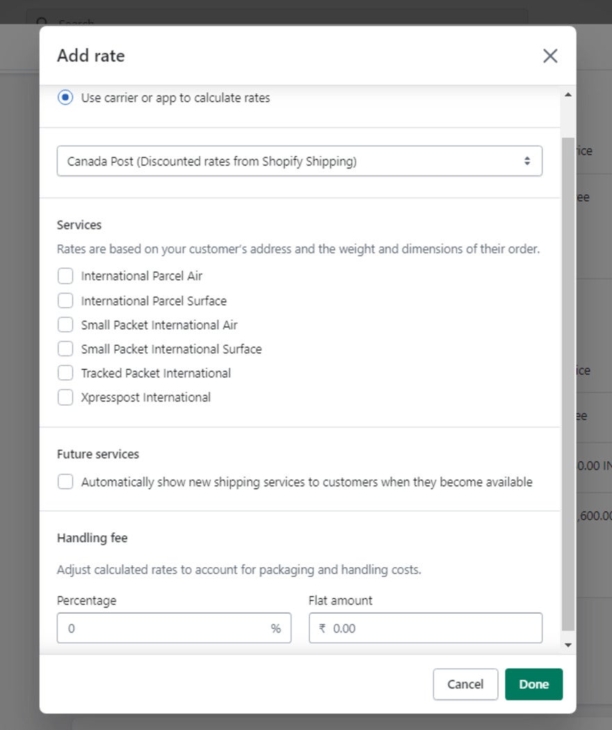 screenshot of adding carrier calculated shipping rate