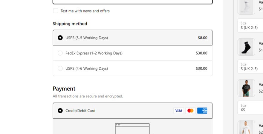 Shopify checkout showing three different shipping options that raise in price