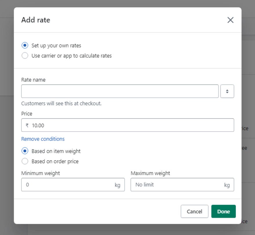 screenshot of adding a weight based shipping rate