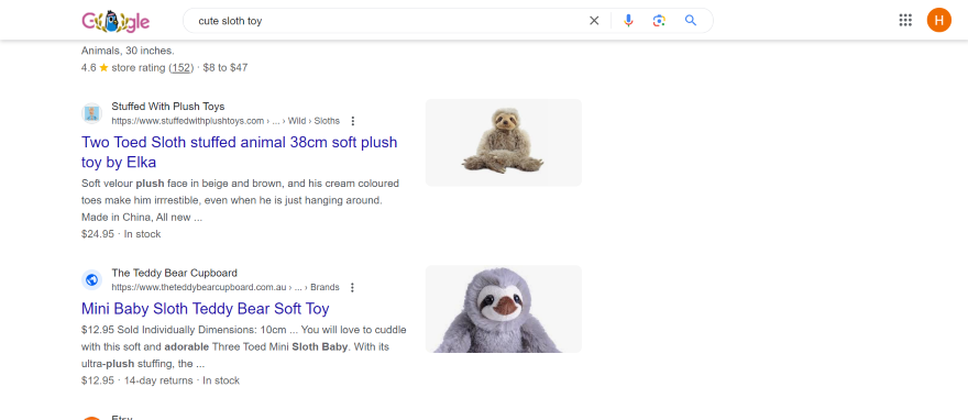 A search results page for a cute and soft sloth plush toy sitting adorably with a fluffy texture