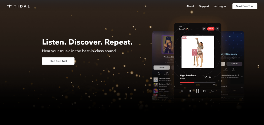 Screenshot of Tidal's homepage with it's UVP in white font: "Listen. Discover. Repeat".